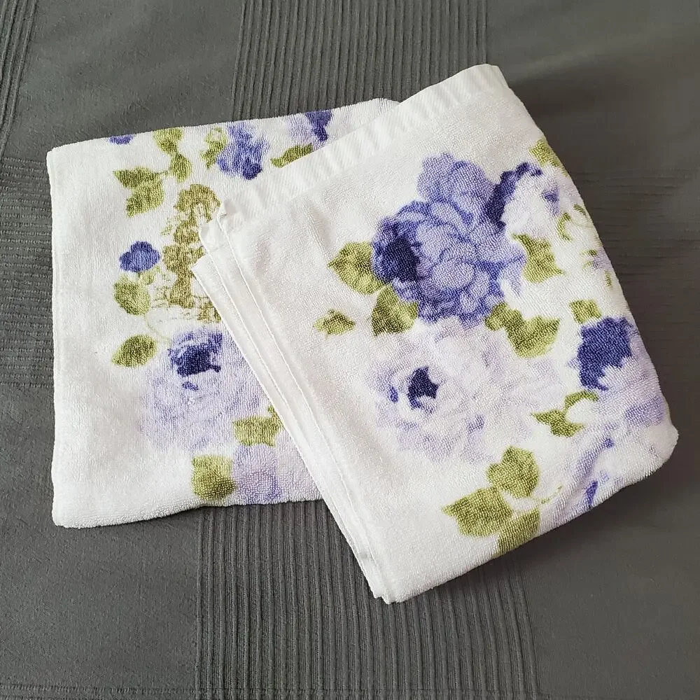 Vintage Fieldcrest Bath Towel Floral White Purple Green Toile Retro 24x46 USA